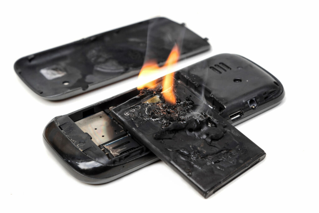 accumulateur d'un portable en train de brûler
