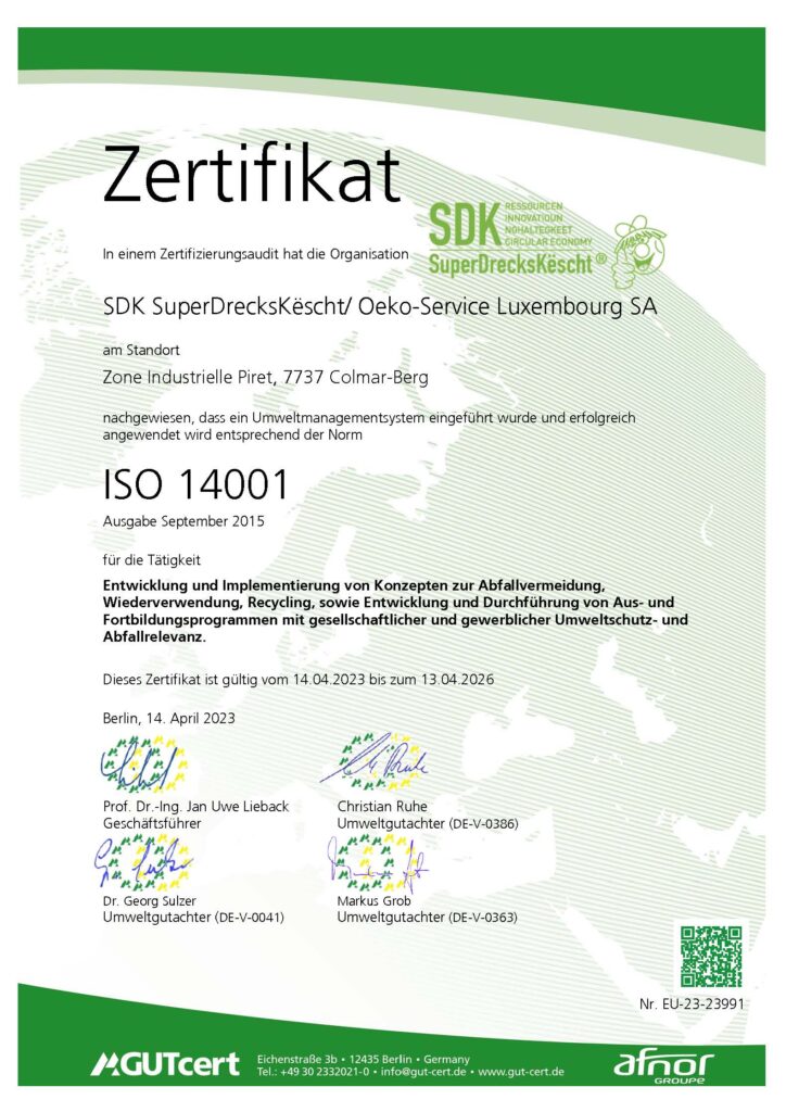 Certificat ISO 14001 de la SDK